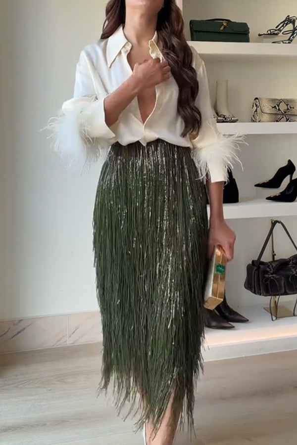 Suknja Midi s Visokim Strukom i Šljokicama s Resicama