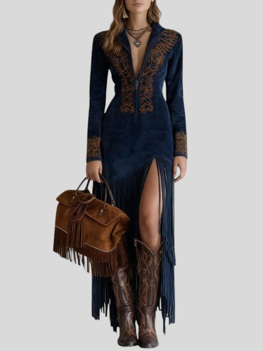 Brigita - Izvezena Maxi Haljina Od Umjetne Brušene Kože S Polovičnim Patentom Maja Zagreb