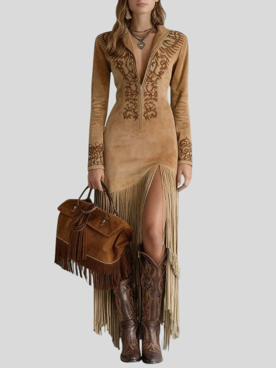 Brigita - Izvezena Maxi Haljina Od Umjetne Brušene Kože S Polovičnim Patentom Maja Zagreb