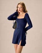 Mornarska A-linija Mini Haljina s Kvadratnim Izrezom